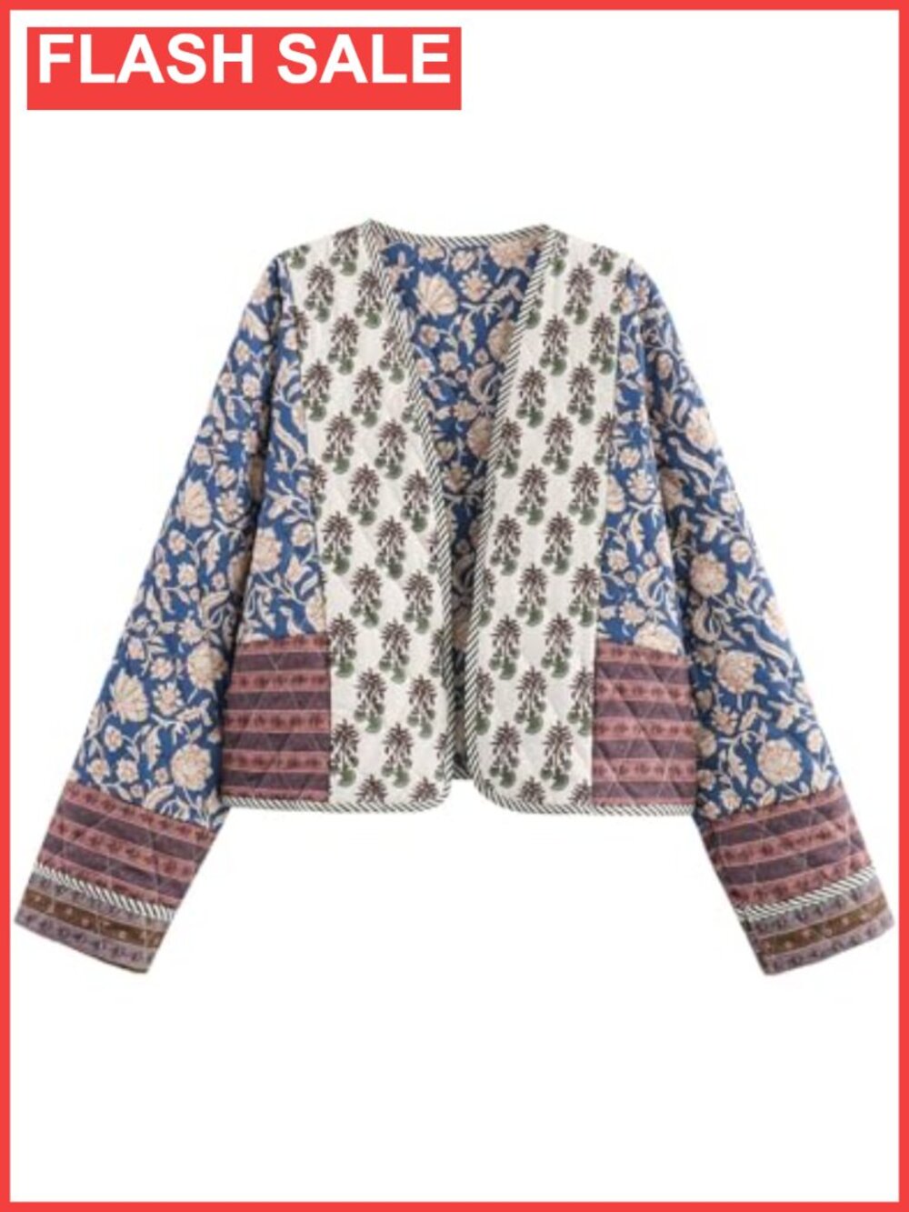 Quilted Floral Cropped Puffer Jacket Lightweight Open Front